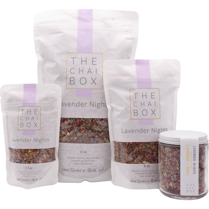 The Chai Box | Lavender Nights - Caffeine Free Rooibos Lavender Tea - 6.0oz pouch, featuring aromatic lavender, rose, and cardamom blend, inspired by Himachal valleys.