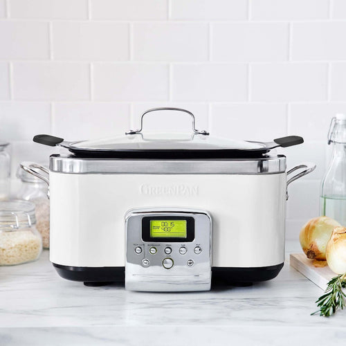 GreenPan 6 Quart Slow Cooker with Thermolon™ Volt, ideal for versatile cooking. Perfect for searing and slow-cooking, suiting modern kitchen needs at Athens Cooks.