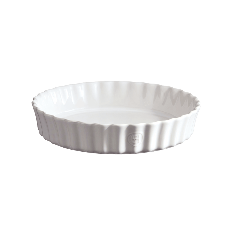 Emile Henry | Deep Flan & Tart Dish, 2.1QT Deep / Cedar: A white ceramic dish with fluted sides, ideal for baking tarts, quiches, and pies.