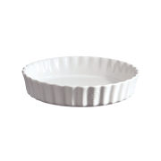 Emile Henry | Deep Tart Dish, Clay, 2.1 QT: A round, shallow, white ceramic baking dish with fluted sides, perfect for quiches or tortes.