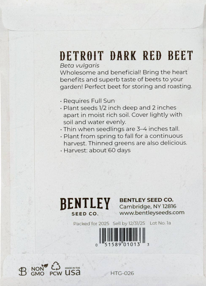 Bentley Seed Co. - Beets-Detroit Dark Red 1892 packet showcasing planting instructions and beneficial details for home gardening, ideal for Athens Cooks' garden enthusiasts.