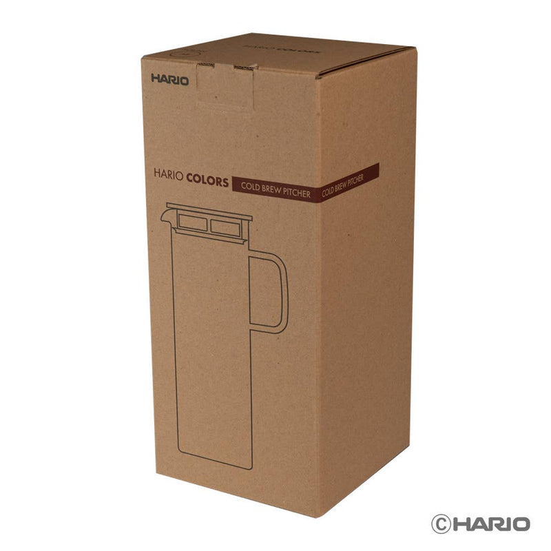 HARIO USA - HARIO Colors Glass Cold Brew Pitcher, 800ml: Grey, packaged in a printed brown box with line-drawing, ideal for versatile cold brews.