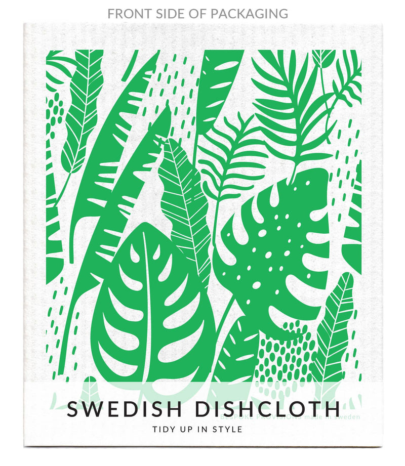 Bespoke Provisions - Tropical Leaves Swedish Dishcloth featuring a white and green leaf pattern, ideal for cleaning various kitchen surfaces.