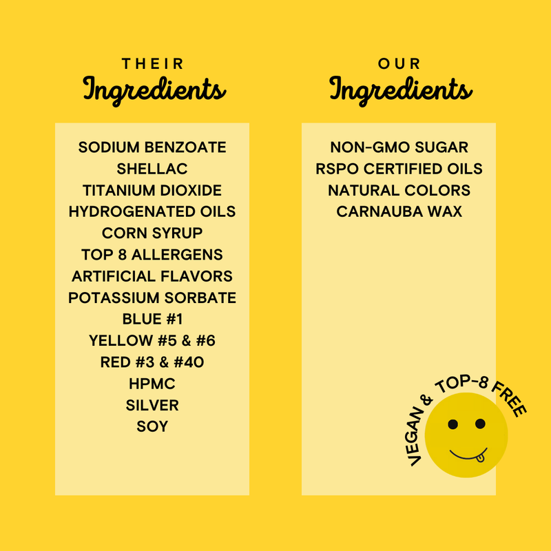 Supernatural - Twinkles Sanding Sugar: Ruby Red, showcasing simple, clean ingredients versus typical additives, ideal for vegan baking with non-GMO sugar and natural colors.