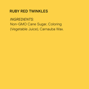 Supernatural - Twinkles Sanding Sugar: Ruby Red label, detailing non-GMO cane sugar, vegetable juice coloring, 100% vegan, certified kosher, soy, and gluten-free. Ideal for baking and decorating.