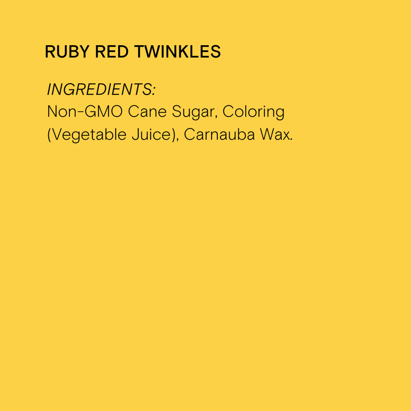 Supernatural - Twinkles Sanding Sugar: Ruby Red label, detailing non-GMO cane sugar, vegetable juice coloring, 100% vegan, certified kosher, soy, and gluten-free. Ideal for baking and decorating.