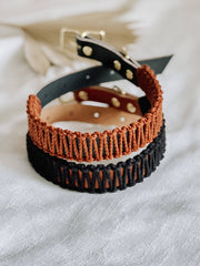 EMBER & IVORY - Black/Rust WIDE Leather & Macrame Collar: Small, featuring leather, macramé detail, brass hardware, and a D-ring, ideal for stylish and sturdy pet wear.