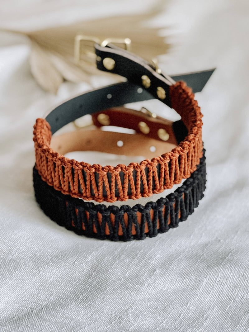 EMBER & IVORY - Black/Rust WIDE Leather & Macrame Collar: Small, featuring leather, macramé detail, brass hardware, and a D-ring, ideal for stylish and sturdy pet wear.