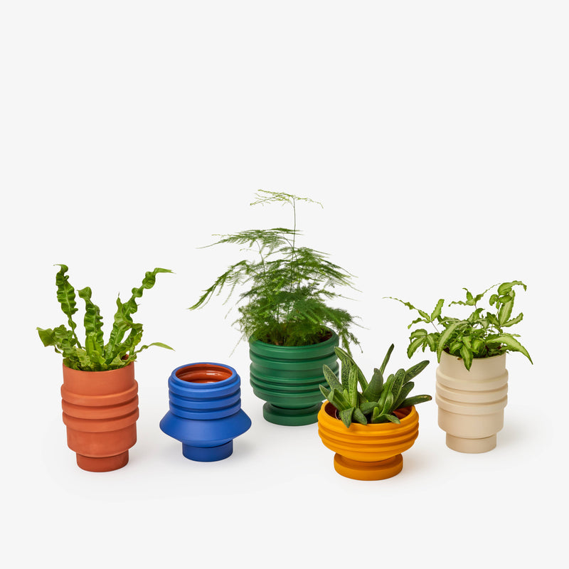 Areaware - Strata Plant Vessel: Yellow, a sculptural ceramic planter with layered design, inspired by Simone Brewster's jewelry collection, perfect for adding elegance to your kitchen space.