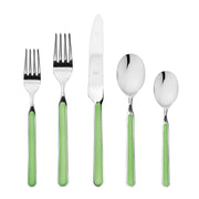 Mepra SPA - Place Set 5 Pcs Fantasia: Cobalt, featuring Italian-made silverware with green resin handles, showcasing a fork and spoon in stainless steel.