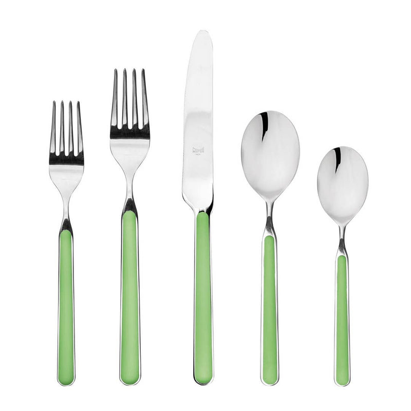 Mepra SPA - Place Set 5 Pcs Fantasia: China, features high-quality stainless steel silverware with green resin handles, showcasing forks, spoons, and knives with durable craftsmanship.