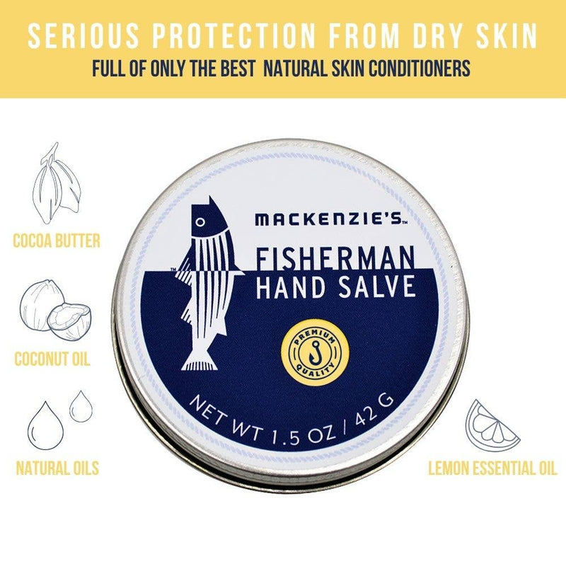 MacKenzie's Fisherman Hand Salve 1.5 oz tin, featuring natural ingredients like cocoa butter and coconut oil, offers serious dry skin protection with a fresh lemon scent.