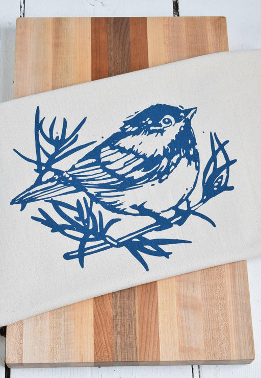 Hearth and Harrow - Organic Cotton Chickadee Tea Towel in Navy Blue.