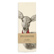 Eric & Christopher - Fawn with Bow Tea Towel, 100% cotton, featuring a fawn with a red scarf, wrapped in a kraft paper band, 26″×26″.