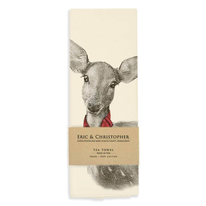 Eric & Christopher - Fawn with Bow Tea Towel, 100% cotton, featuring a fawn with a red scarf, wrapped in a kraft paper band, 26″×26″.