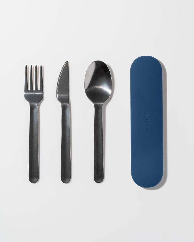 W&P - Stainless Steel Utensils Set in Silicone Carry Case: Terrazzo Charcoal, featuring a compact fork, knife, and spoon for travel, with a tidy silicone case.