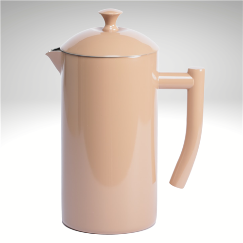 Frieling | Double-Walled French Press - Sandstone: A sleek, cylindrical pour-pot with a fitted lid, short spout, and long handle, perfect for brewing flavorful coffee.