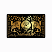 Fishwife - Tuna Belly tin label with fish, stars, and seaweed motifs, highlighting Pole and Line Caught and Hand-Packed Albacore Tuna in gold on black.