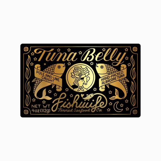 Fishwife - Tuna Belly tin label with fish, stars, and seaweed motifs, highlighting Pole and Line Caught and Hand-Packed Albacore Tuna in gold on black.