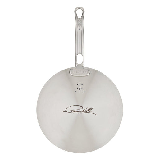 Hestan | Commercial Clad Stainless Steel Universal Lid, 12.5 Inches, featuring Chef Keller's signature and Hestan logo with steam vent, underside view with welded handle.