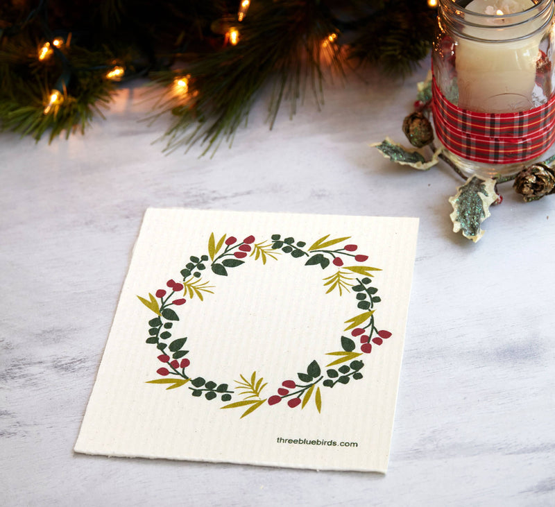 Three Bluebirds Swedish Dishcloths | Winter Wreath Swedish Dishcloth