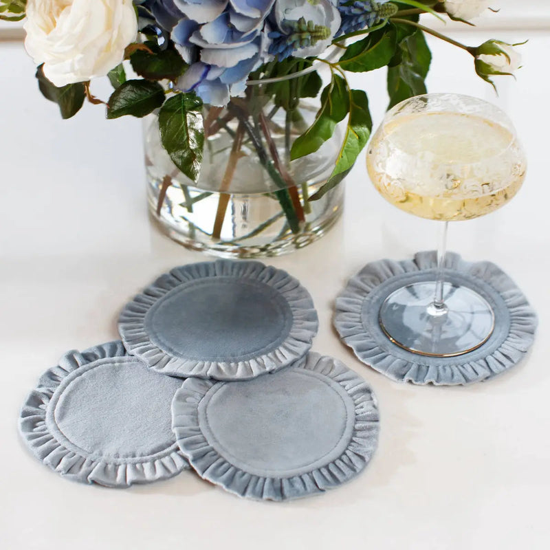 Arte Italica & Crown Linen Designs | Round Ruffle Coaster Set (4), Velvet Red