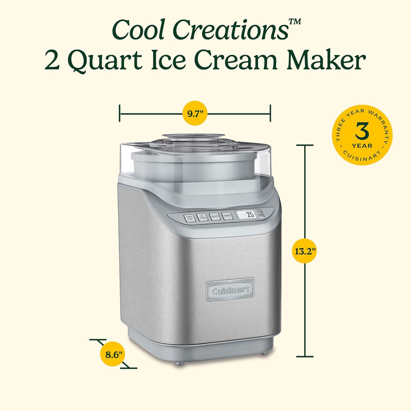 Cuisinart | Cool Creations 2 Quart Ice Cream Maker features a brushed metal finish with digital LCD timer, perfect for quick homemade frozen desserts.