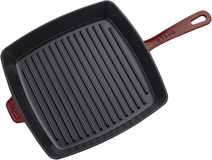 Staub Cast Iron Square Grill Pan - Grenadine, perfect for indoor grilling with authentic grill marks, exceptional heat retention, and an elegant design for oven-to-table presentation.