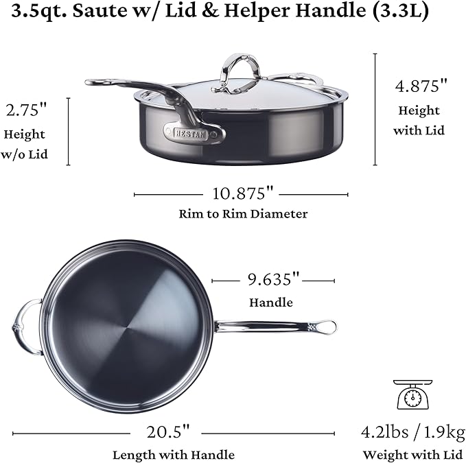 Hestan NanoBond | Cookware - 3.5qt Sauté Pan + Lid diagram, showcasing dimensions and features like NanoBond technology, helper handle, and fitted lid, emphasizing durability and performance.