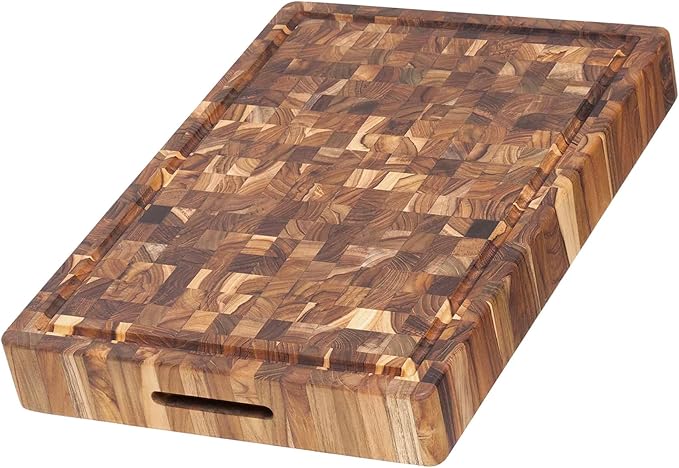 Teakhaus | Extra Thick End Grain Cutting & Carving Board showcasing a durable, wooden butcher block with a central hole for easy handling and stability.