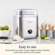 Cuisinart | Pure Indulgence 2 Quart Frozen Yogurt-Sorbet & Ice Cream Maker, featuring a metal exterior, integrated motor, and visible ice cream preparation. Perfect for homemade desserts.