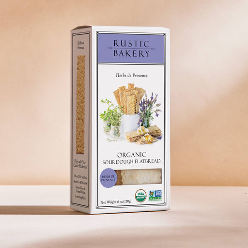 Rustic Bakery - Flatbreads - Herbs de Provence Organic Sourdough in a lavender-accented box, featuring USDA Organic and Non-GMO seals, ideal for culinary enthusiasts.