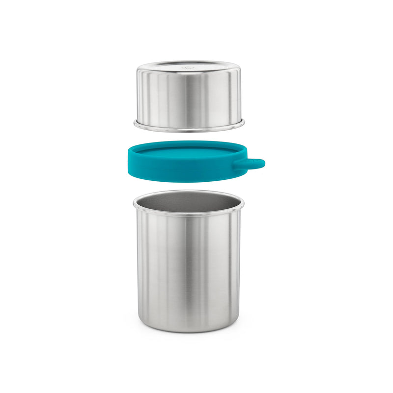 PlanetBox - TRAILHEAD DUO SNACK CONTAINER: Exploded view showing stainless steel jar, teal silicone gasket, and screw-on lid for convenient, portable snacking.