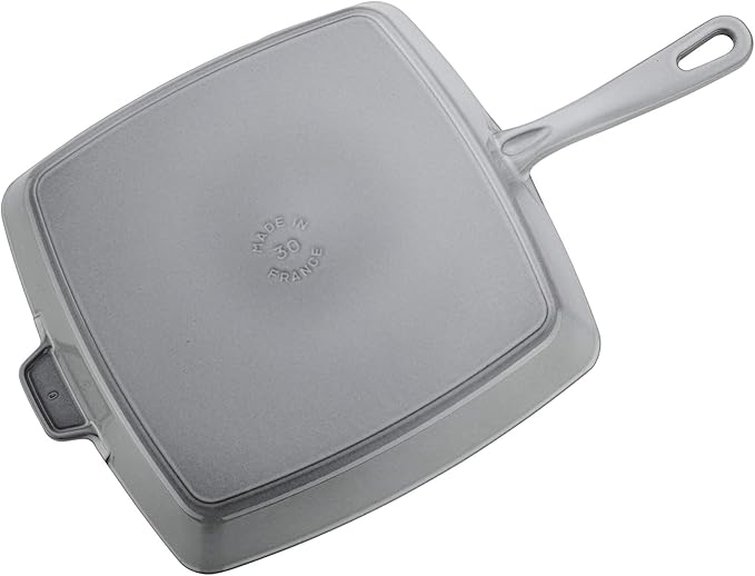 Staub Cast Iron Square Grill Pan in Graphite Grey, ideal for high-heat indoor grilling with authentic grill marks and excellent heat retention, from Athens Cooks.