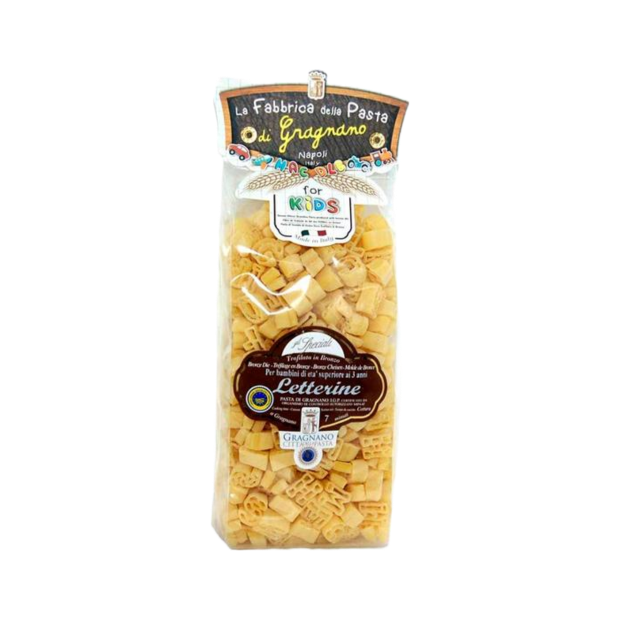 Zia Pia - Letterine by La Fabbrica della Pasta, a 500g bag of Italian alphabet-shaped pasta for kids, crafted from Durum wheat and spring water in Gragnano.