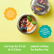 PlanetBox Insulated Container open, showcasing a smoothie bowl and tomato soup, highlighting hot-cold versatility and leakproof lid.