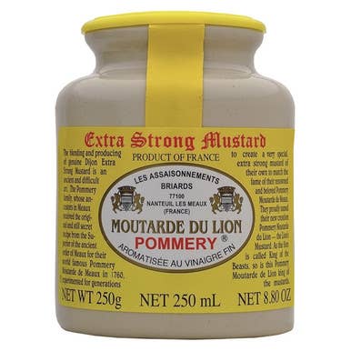 The French Farm - Pommery Lion's Mustard (Dijon) Stone Jar 8.8oz, a ceramic pot of robust Dijon mustard, perfect for enhancing meats and sauces.