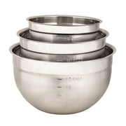 Cuisipro set of 3 stainless mixing bowls stacked, emphasizing their durable, sleek design, ideal for kitchen tasks.