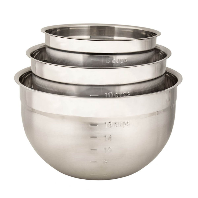 Cuisipro set of 3 stainless mixing bowls stacked, emphasizing their durable, sleek design, ideal for kitchen tasks.