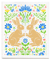 Bespoke Provisions - Rabbits Swedish Dishcloth featuring a charming illustration of rabbits and flowers, ideal for eco-friendly kitchen cleaning and gifting.