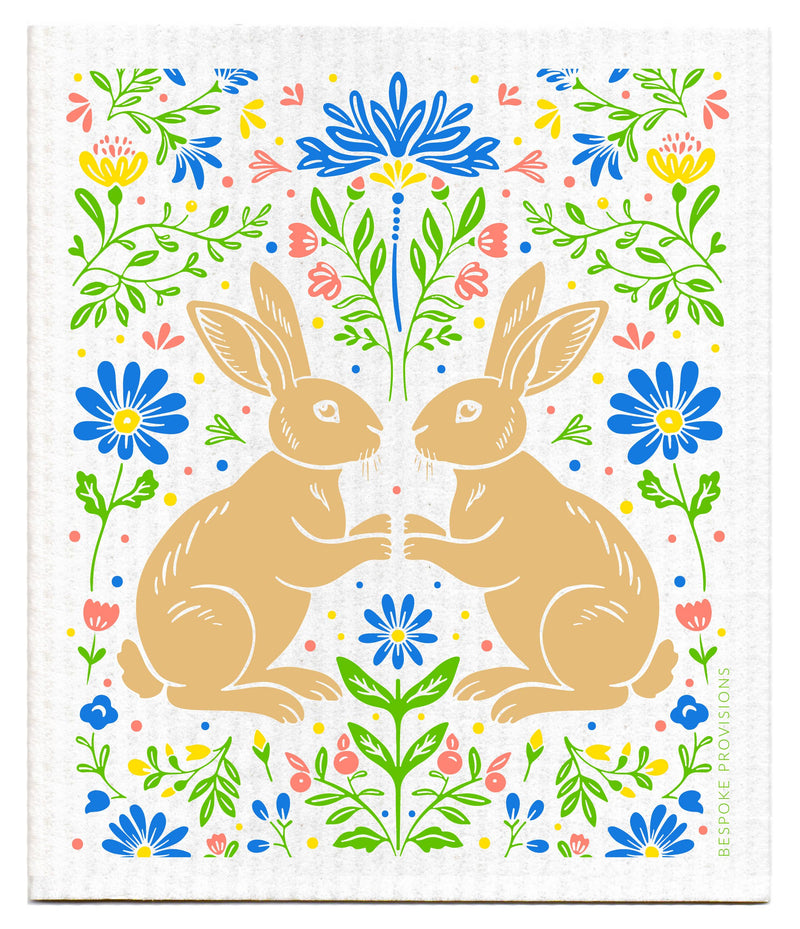Bespoke Provisions - Rabbits Swedish Dishcloth featuring a charming illustration of rabbits and flowers, ideal for eco-friendly kitchen cleaning and gifting.