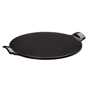 Emile Henry Smooth Pizza Stone, Charcoal, with flat circular design and small handles, perfect for home pizza baking, mimicking traditional brick oven results.