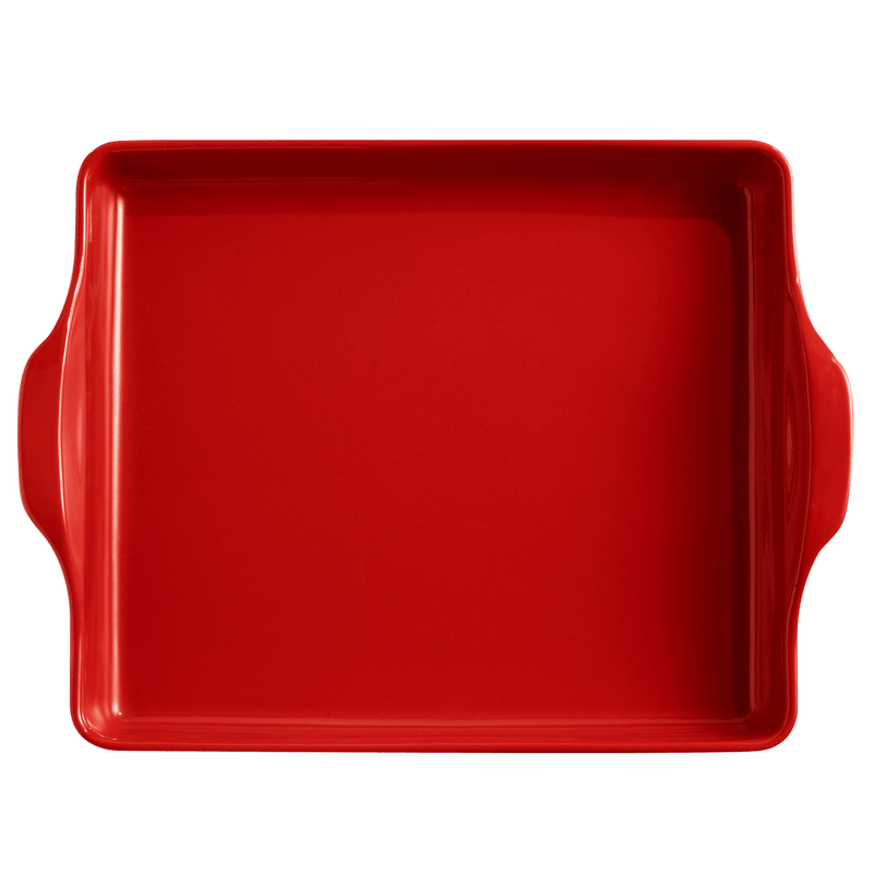 Emile Henry | Focaccia + Detroit Pizza Pan, 6 x 12.5, Burgundy, featuring small handles on the sides, ideal for creating crispy, chewy Detroit-style pizza.