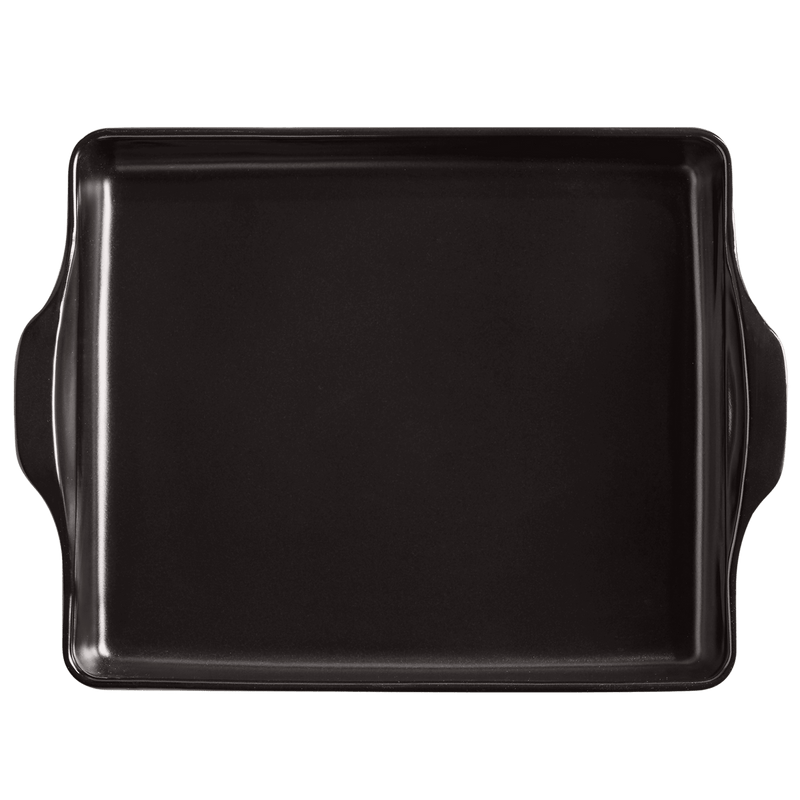 Emile Henry | Focaccia + Detroit Pizza Pan, 16 x 12.5, Charcoal, with short handles, ideal for creating crispy, chewy Detroit-style pizza crusts.