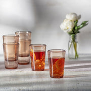 Zwiesel Fortessa Veranda HiBall Clear Tumbler, Single, 19oz, Brown, filled with iced citrus drink on a sunlit table with peony vase.