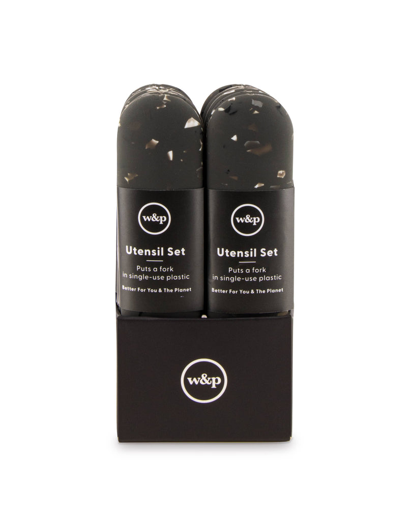 W&P - Stainless Steel Utensils Set in Silicone Carry Case: Terrazzo Charcoal shown in a compact, black container, ideal for portable use and easy cleaning.