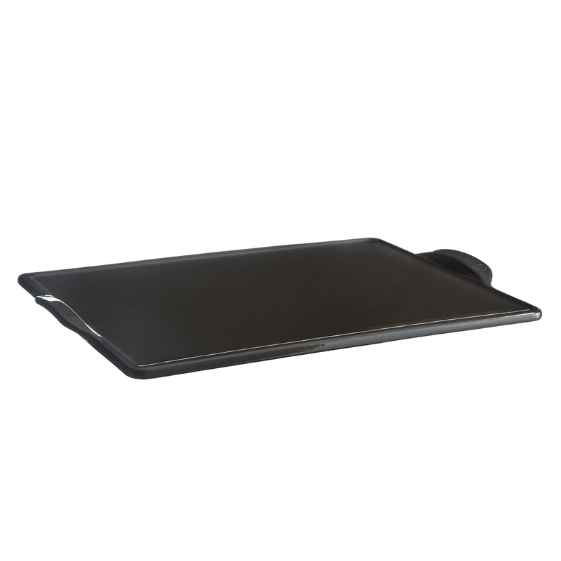 Emile Henry | Charcoal Rectangular Pizza Stone with integrated handles, ideal for baking and grilling, offers even heat distribution for crispy results. 18x14 inches.