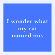 Coaster with the text I wonder what my cat named me, offering humor and protection for surfaces, ideal for gifts and home bar decor.