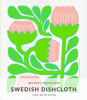 Bespoke Provisions - Modern Tulip Swedish Dishcloth featuring a green and pink flower illustration, perfect for eco-friendly cleaning in the kitchen.