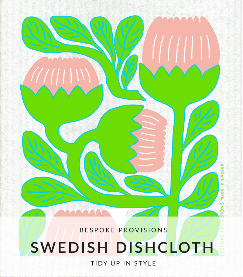 Bespoke Provisions - Modern Tulip Swedish Dishcloth featuring a green and pink flower illustration, perfect for eco-friendly cleaning in the kitchen.